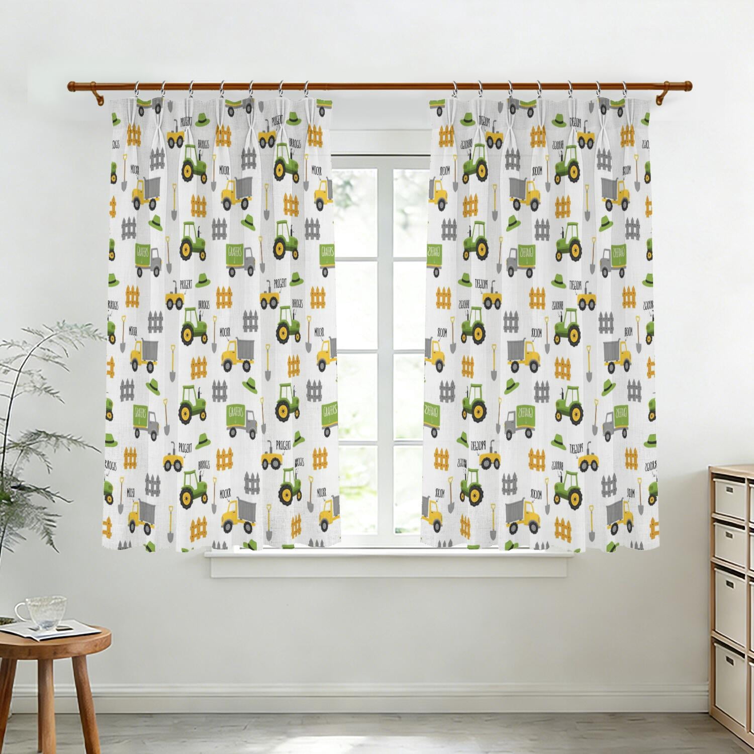 Tractor and Fences White Pattern Pinch Pleat Semi Sheer Linen Curtains ...