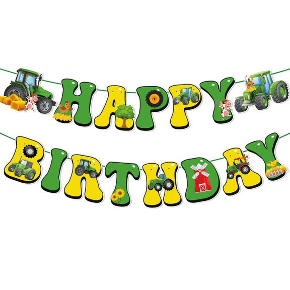 Tractor Happy Birthday Banner, Green and Yellow Farm Theme Party Decoration