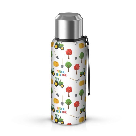 Tractor and Hay White Pattern Insulated Coffee Thermos, Vacuum Insulated Double Wall Vacuum Bottle 360° Seamless Print Gifts Ideas for Birthday Holiday Party