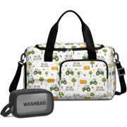 Tractor and Haybales White Pattern Gym Duffel Bag 2 Piece Set, Travel Weekender Bag with Shoe Compartment & Toiletry Pouch, Waterproof Polyester Gifts for Gym Travel Weekend,19.7 X 8.3 X 11 Inches
