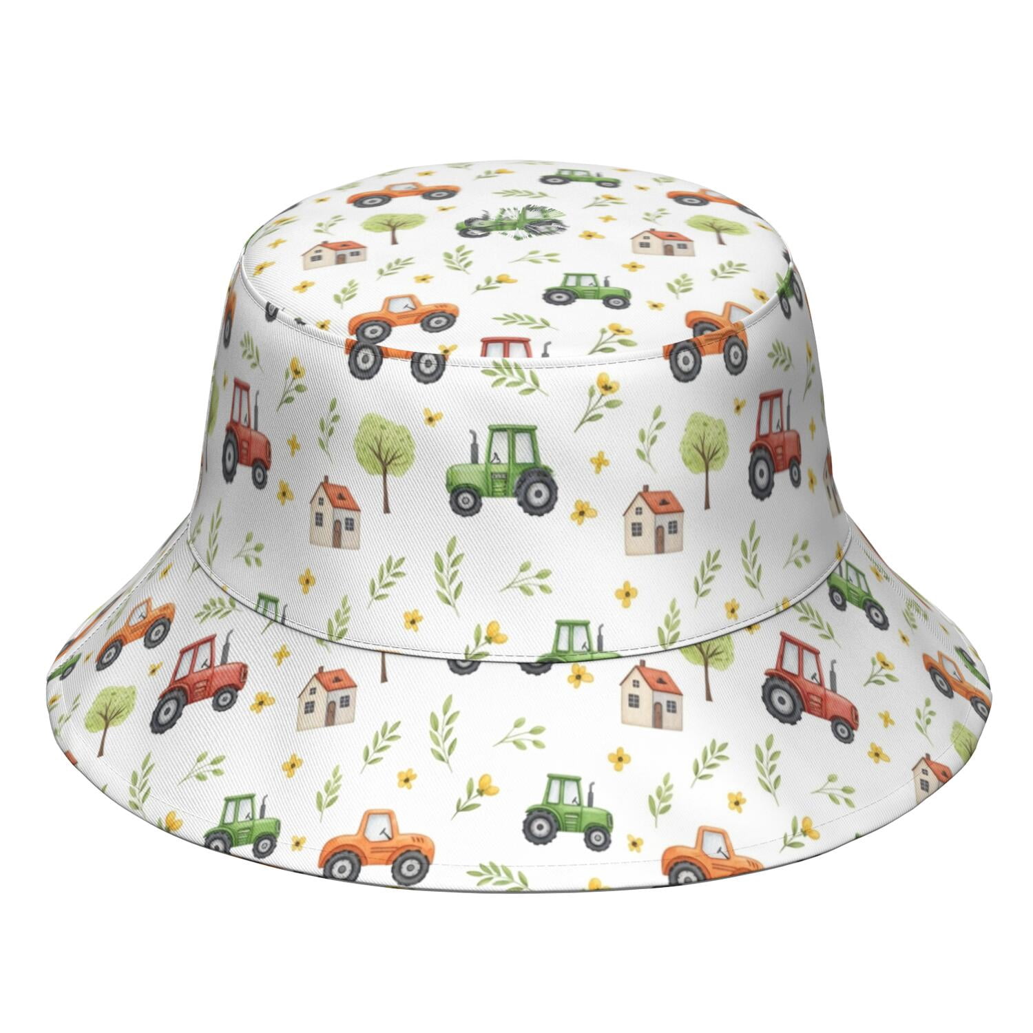 Tractor and Houses White Pattern Bucket Hat, Fishing Hiking Cap with ...