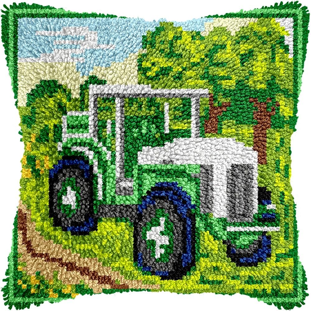 Tractor Latch Hook Pillow Kits for DIY Throw Pillow Cushion Embroidery Latch Hooking Pillowcase Kits with Preprinted Canvas Crochet Yarn Kits for Home Decor 17''X 17''(j90)