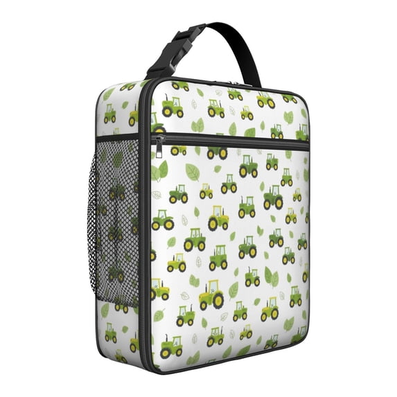 Tractor and Leaves White Pattern Insulated Lunch Bag for Men Women,Waterproof Lunch Box for Work,Picnic or Travel,Thermal Insulation,10.63x9.06x3.54 Inches