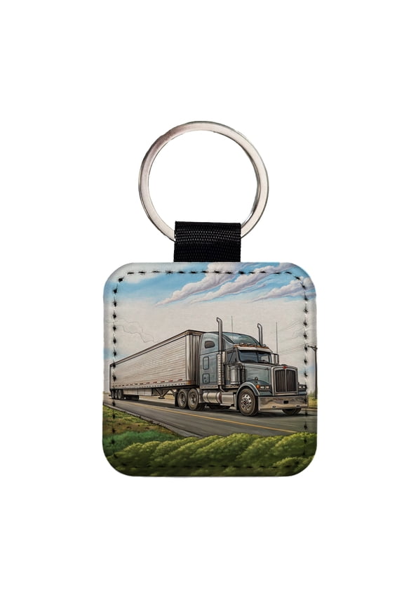 Tractor Trailer Semi Big Rig Truck Faux Leather Square Keychain