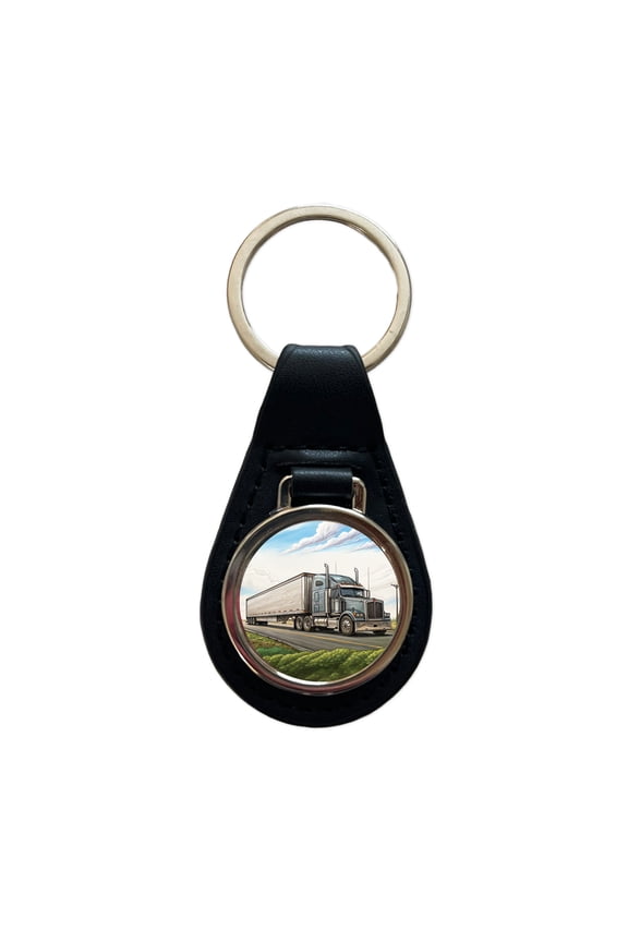 Tractor Trailer Semi Big Rig Truck Metal Black Leather Keychain
