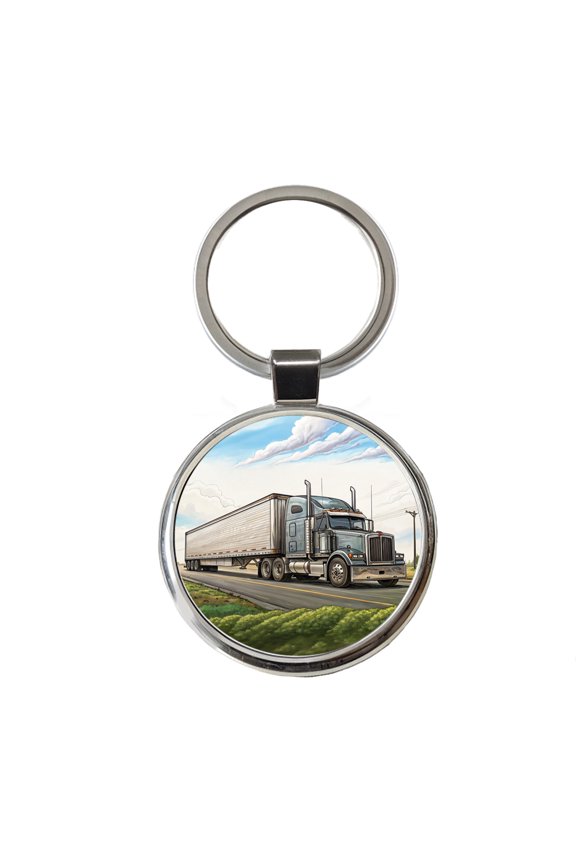 Tractor Trailer Semi Big Rig Truck Metal Round Keychain