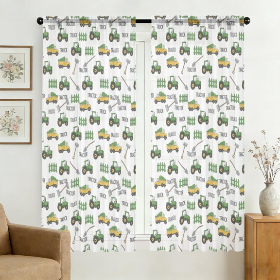 Tractor and Trailers White Pattern Sheer Curtains, Sheer Curtain Panels with Dual Rod Pocket, Easy Install Gifts for Housewarming Holiday,42x63in(107x160cm)