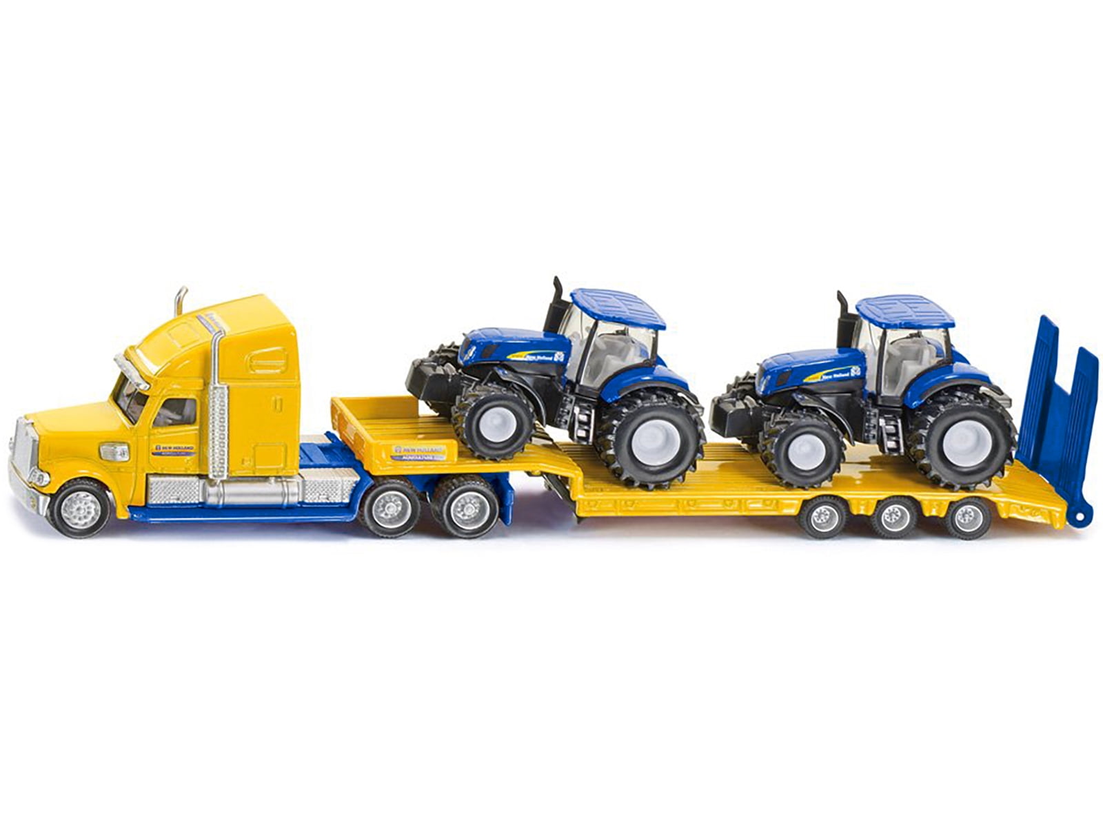 Tractor Truck Yellow with 2 New Holland T7070 Tractors Blue 1/87 (HO