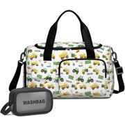 Tractor and Trucks White Pattern Gym Duffel Bag 2 Piece Set, Travel Weekender Bag with Shoe Compartment & Toiletry Pouch, Waterproof Polyester Gifts for Birthday Christmas Thanksgiving