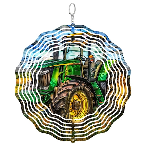 Tractor Wind Spinner Metal Outdoor Decor Stained Glass Green Yellow