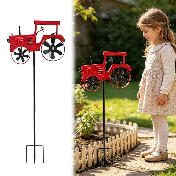 Tractor Wind Spinner With Rotating Wheels Metal Tractor Windmill Stake For Garden Flower Bed Lawn(Red-76.5X31Cm)