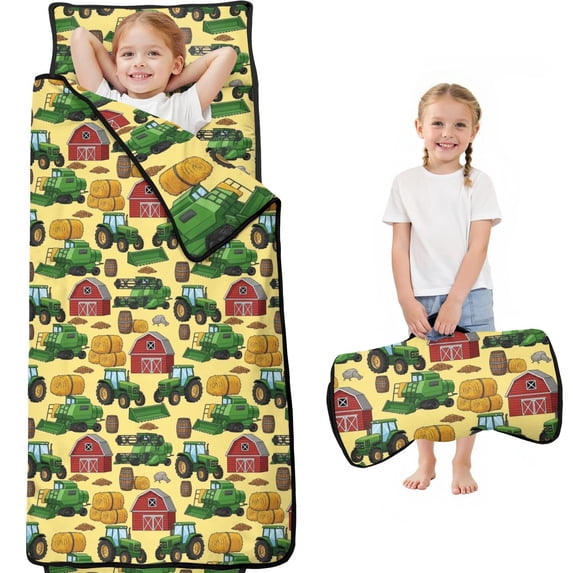 Tractor and Barns Cream Pattern Teens Toddler Nap Mat with Pillow, Sleeping Mat Bag for Preschool Daycare 60"x20"