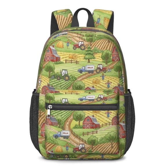 Tractor and Barns Green Pattern 17" School Backpacks for Teens,Waterproof Oxford Fabric,S-Shape Padded Straps for School,Travel,Hiking,Camping