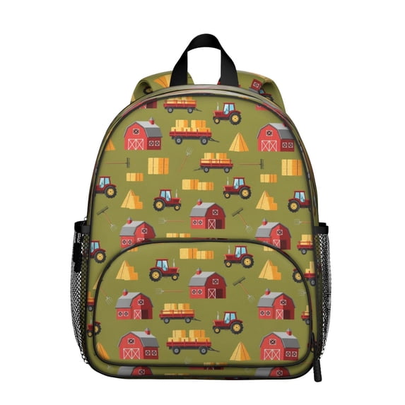 Tractor and Barns Green Pattern Backpack for School, Cute School Bag with Adjustable Shoulder Straps and Padded Back, 13.8"x11.4"x6"
