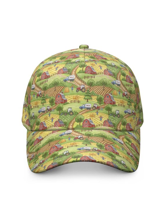 Tractor and Barns Green Pattern Baseball Cap, Casual Daily Hat with Snap Closure & Sweatband, Lightweight Shape Retaining Gifts for Unisex Men Women