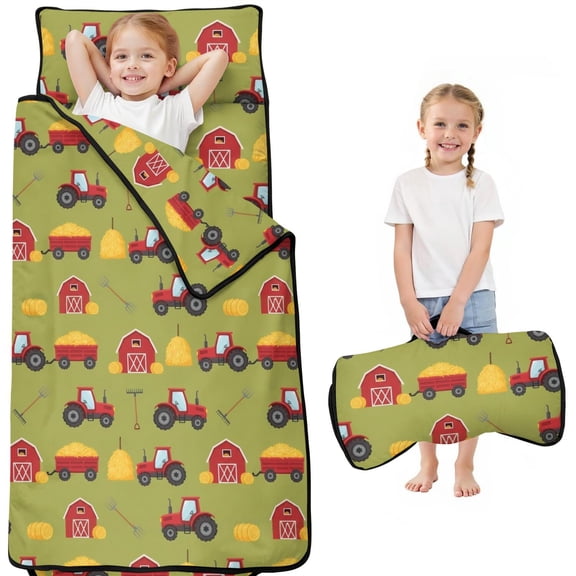 Tractor and Barns Green Pattern Teens Toddler Nap Mat with Pillow, Sleeping Mat Bag for Preschool Daycare 50"x20"