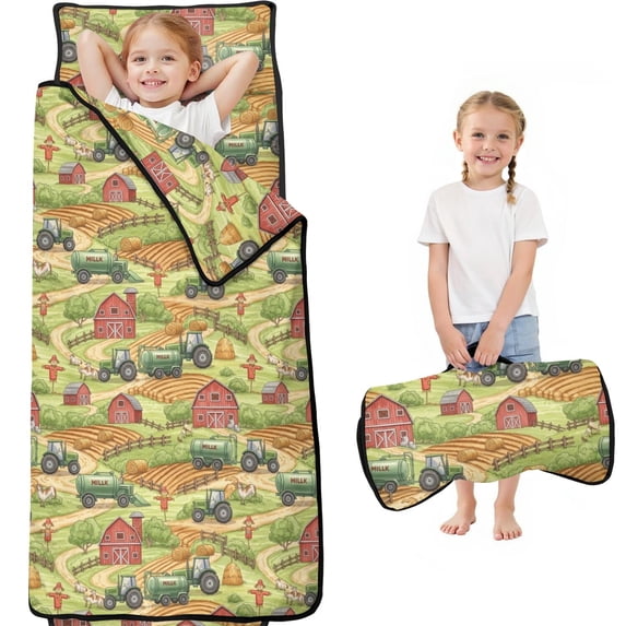 Tractor and Barns Green Pattern Teens Toddler Nap Mat with Pillow, Sleeping Mat Bag for Preschool Daycare 59"x22"