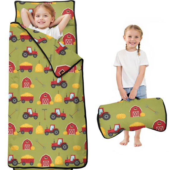 Tractor and Barns Green Pattern Teens Toddler Nap Mat with Pillow, Sleeping Mat Bag for Preschool Daycare 60"x20"