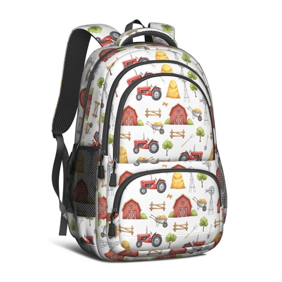 Tractor and Barns White Pattern Backpack for School, Cute School Bag with Adjustable Shoulder Straps and Padded Back, 16.9"x12.6"x5.9"