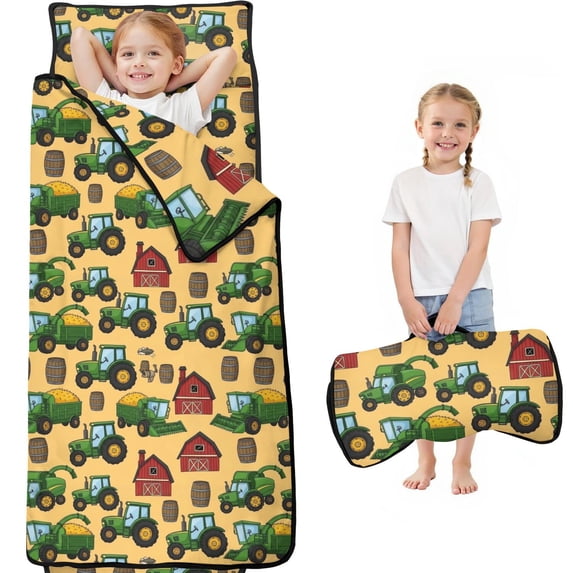 Tractor and Barrels Cream Pattern Teens Toddler Nap Mat with Pillow, Sleeping Mat Bag for Preschool Daycare 60"x20"