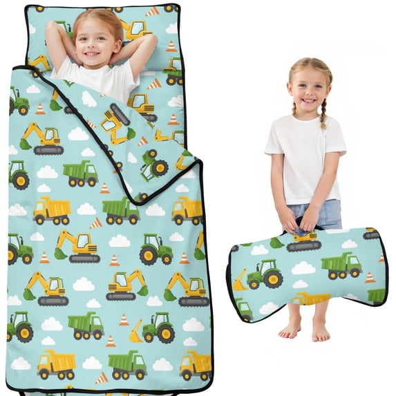 Tractor and Excavators Blue Pattern Teens Toddler Nap Mat with Pillow, Sleeping Mat Bag for Preschool Daycare 50"x20"