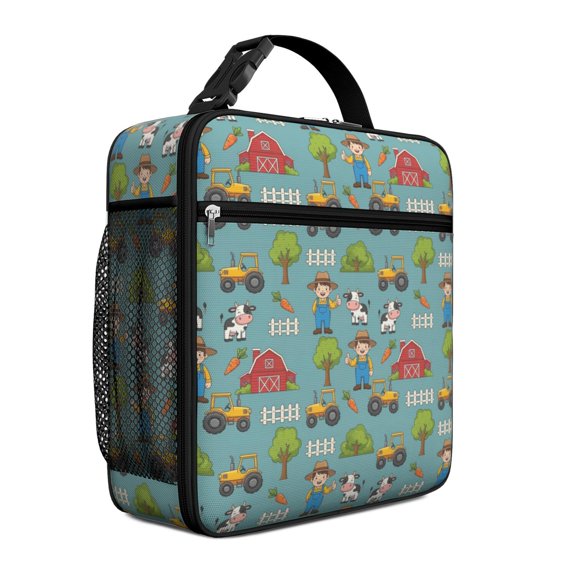 Tractor and Farmers Blue Pattern Insulated Lunch Bag Teens,Lunch Box for Men Women for Work,Picnic or Travel,10.2x9.5x4.3 Inches,8 Can Capacity