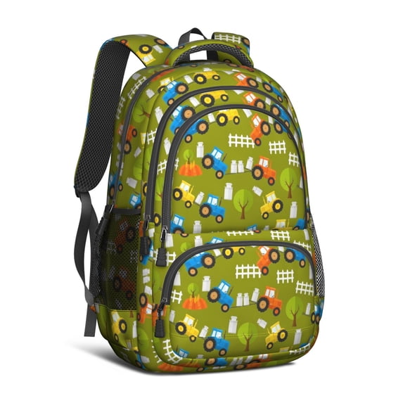 Tractor and Fences Green Pattern Cute School Backpack Bag with Padded Back and Adjustable Shoulder Straps 16.9 X 12.6 X 5.9 Inches