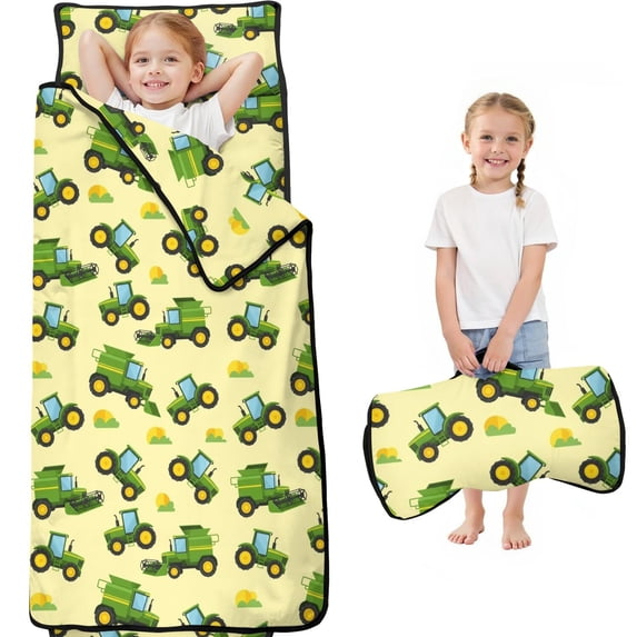 Tractor and Harvesters Cream Pattern Teens Toddler Nap Mat with Pillow, Sleeping Mat Bag for Preschool Daycare 59"x22"