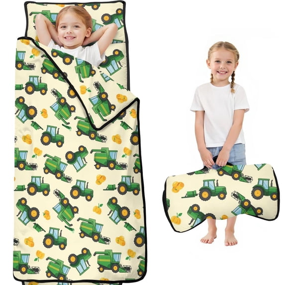 Tractor and Harvesters Cream Pattern Teens Toddler Nap Mat with Pillow, Sleeping Mat Bag for Preschool Daycare 59"x22"