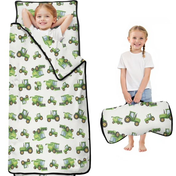 Tractor and Harvesters Gray Pattern Teens Toddler Nap Mat with Pillow, Sleeping Mat Bag for Preschool Daycare 59"x22"