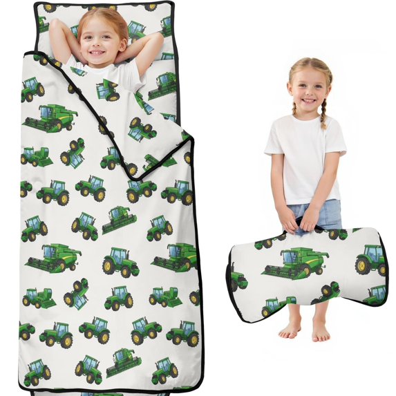 Tractor and Harvesters Gray Pattern Teens Toddler Nap Mat with Pillow, Sleeping Mat Bag for Preschool Daycare 59"x22"
