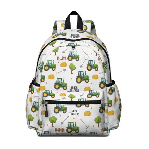 Tractor and Hay White Pattern Backpack for School, Cute School Bag with Adjustable Shoulder Straps and Padded Back, 13.4"x11"x4.7"