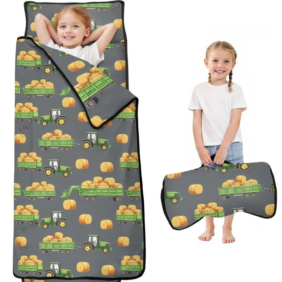 Tractor and Haybales Gray Pattern Teens Toddler Nap Mat with Pillow, Sleeping Mat Bag for Preschool Daycare 60"x20"