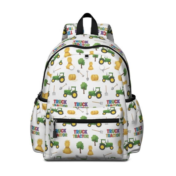 Tractor and Haystacks White Pattern Backpack for School, Cute School Bag with Adjustable Shoulder Straps and Padded Back, 13.4"x11"x4.7"