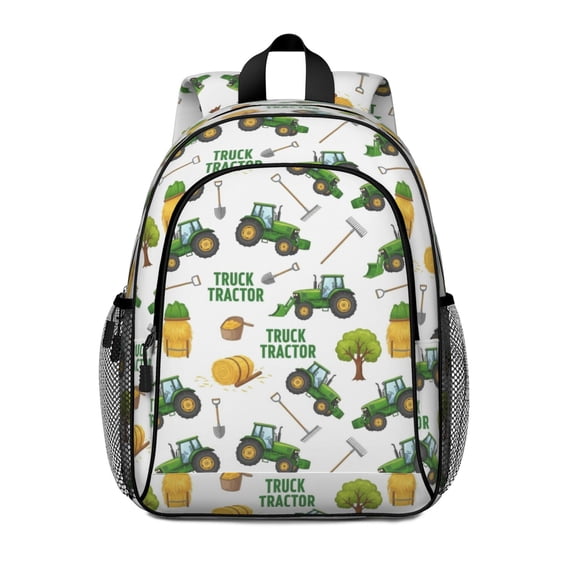Tractor and Haystacks White Pattern Backpack for School, Cute School Bag with Adjustable Shoulder Straps and Padded Back, 15"x11.42"x5.5"