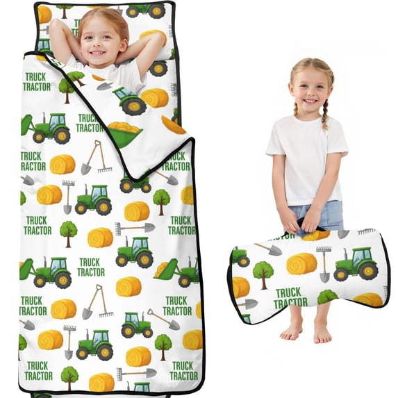 Tractor and Haystacks White Pattern Teens Toddler Nap Mat with Pillow, Sleeping Mat Bag for Preschool Daycare 60"x20"
