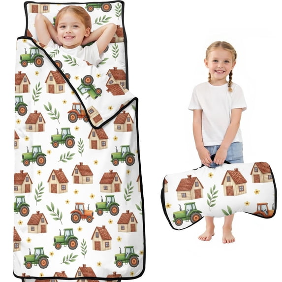 Tractor and Houses White Pattern Teens Toddler Nap Mat with Pillow, Sleeping Mat Bag for Preschool Daycare 59"x22"