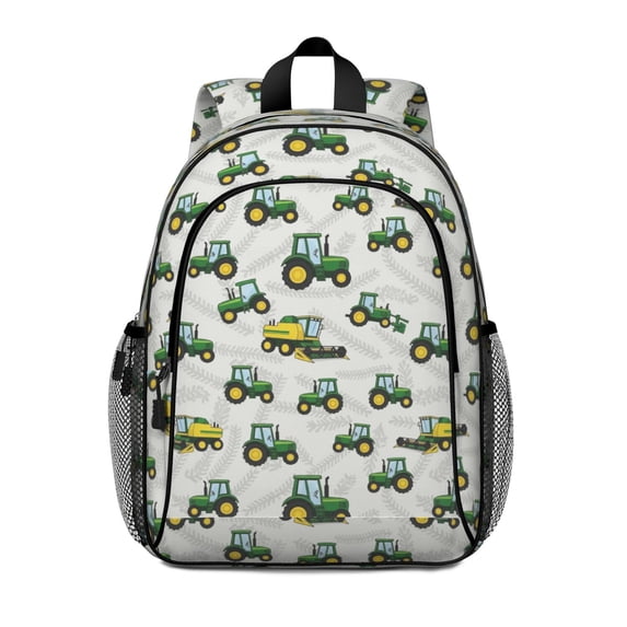 Tractor and Leaves White Pattern Backpack for School, Cute School Bag with Adjustable Shoulder Straps and Padded Back, 15"x11.42"x5.5"