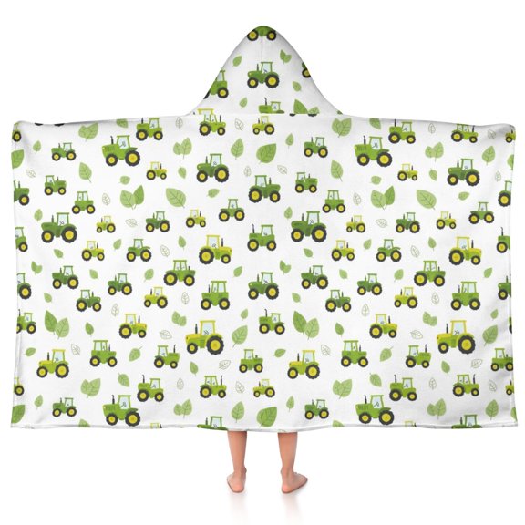 Tractor and Leaves White Pattern Teens Hooded Bath Towel Wrap for Ages 3 To 12,Quick Dry Lightweight Soft Microfiber Bath Beach Pool,50"x30"