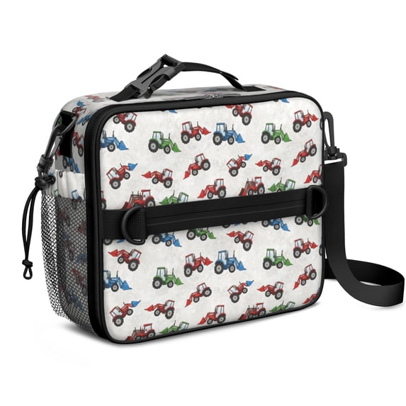 Tractor and Loaders Gray Pattern Insulated Lunch Bag with Shoulder Strap and Bottle Holder,Bento School Lunch Bag Box,11x9.5x3.5 Inches