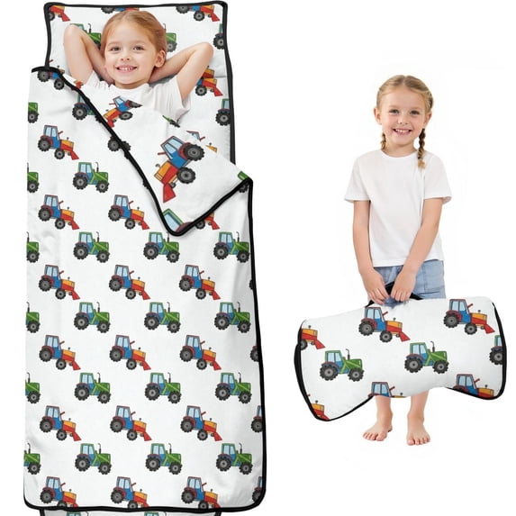 Tractor and Loaders Gray Pattern Teens Toddler Nap Mat with Pillow, Sleeping Mat Bag for Preschool Daycare 60"x20"