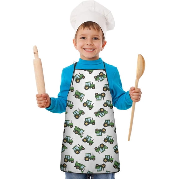 Tractor and Plows White Pattern Teens Aprons, Adjustable Neck Strap, Toddler & Teens Aprons for Cooking & Baking, 19x23.6 Inches