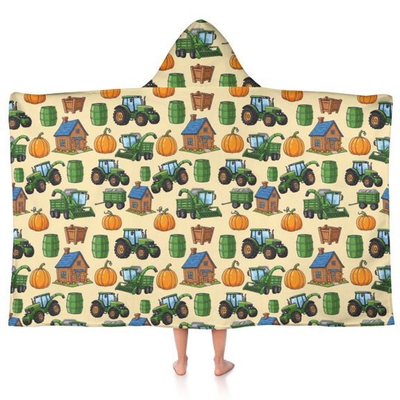 Tractor and Pumpkins Cream Pattern Teens Hooded Bath Towel Wrap for Ages 3 To 12,Quick Dry Lightweight Soft Microfiber Bath Beach Pool,50"x30"