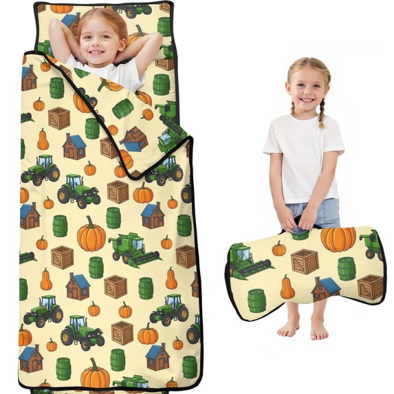 Tractor and Pumpkins Cream Pattern Teens Toddler Nap Mat with Pillow, Sleeping Mat Bag for Preschool Daycare 59"x22"