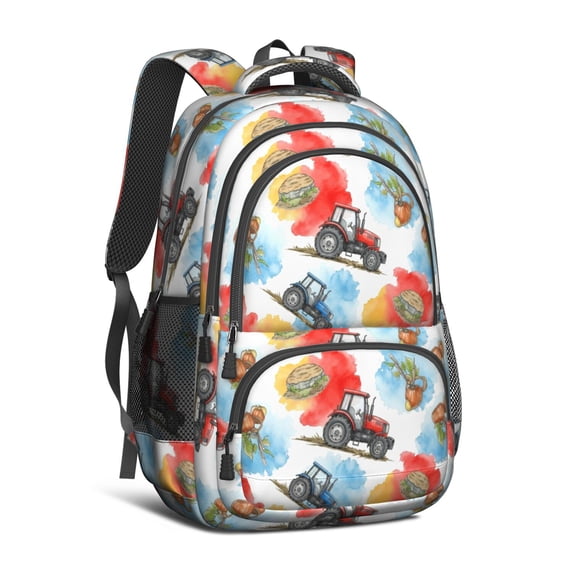 Tractor and Pumpkins Red Pattern Backpack for School, Cute School Bag with Adjustable Shoulder Straps and Padded Back, 16.9"x12.6"x5.9"