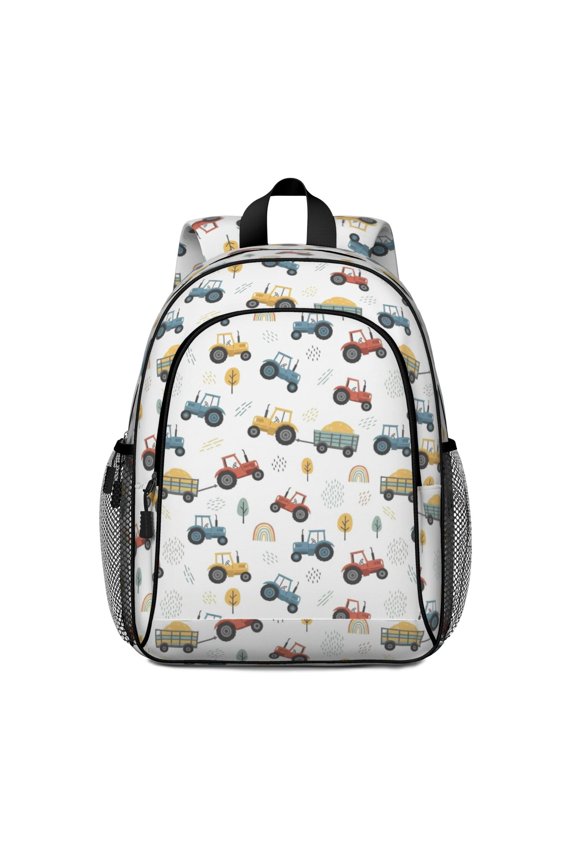 Tractor and Rainbows White Pattern Backpack for School, Cute School Bag with Adjustable Shoulder Straps and Padded Back, 15"x11.42"x5.5"