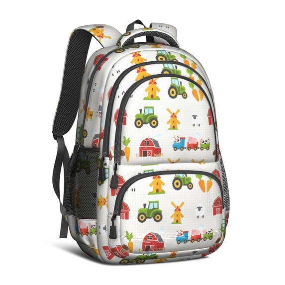 Tractor and Sheep Gray Pattern Cute School Backpack Bag with Padded Back and Adjustable Shoulder Straps 16.9 X 12.6 X 5.9 Inches