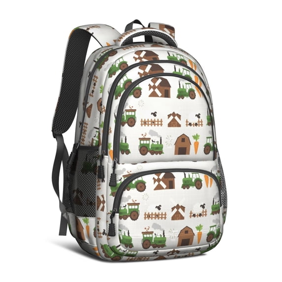 Tractor and Sheep Gray Pattern Cute School Backpack Bag with Padded Back and Adjustable Shoulder Straps 16.9 X 12.6 X 5.9 Inches