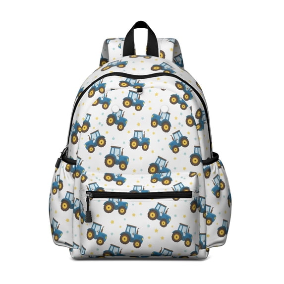 Tractor and Stars White Pattern Cute School Backpack with Padded Back and Adjustable Shoulder Straps 13.4"x11"x4.7"