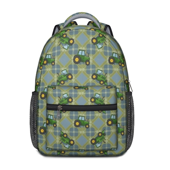 Tractor and Tractors Blue Pattern Backpack for School, Cute School Bag with Adjustable Shoulder Straps and Padded Back, 15.3"x11"x6.7"